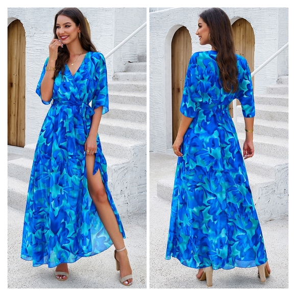 Blue Printed Half Slit Dress - Picture 9 of 11